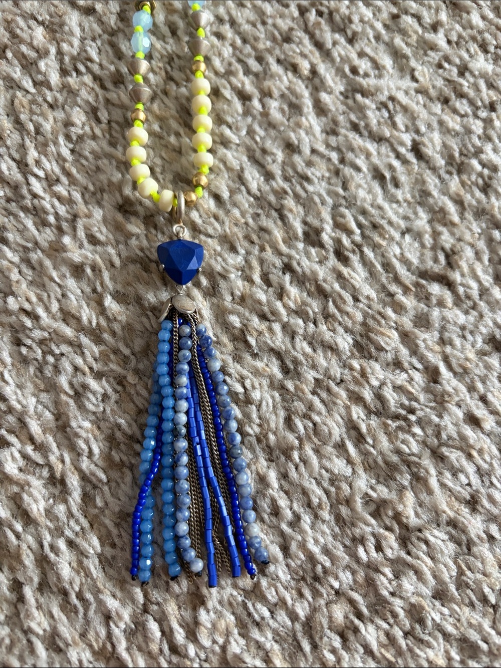Stella & Dot Blue Tassel Beaded Necklace with Yellow Accents
